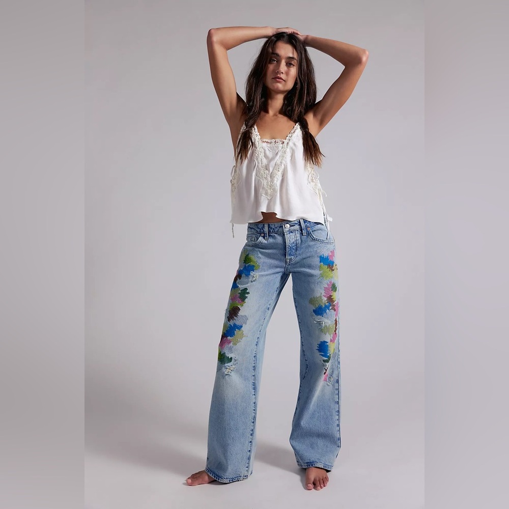 We The Free Light Blue Boyfriend Jeans with Multicolor Paint Detail
